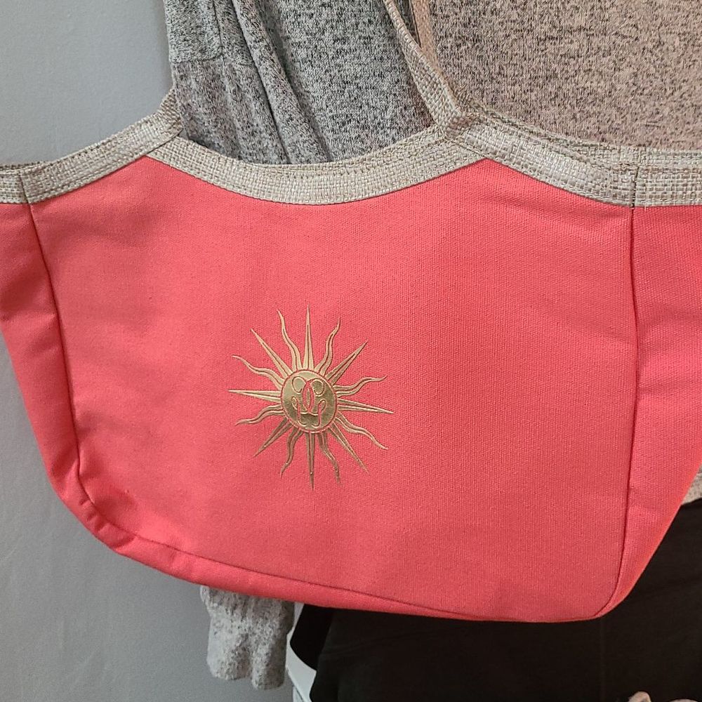 Vintage Guerlain canvas tote bag purse. Unique with gold Sunbirst. Coral and gol